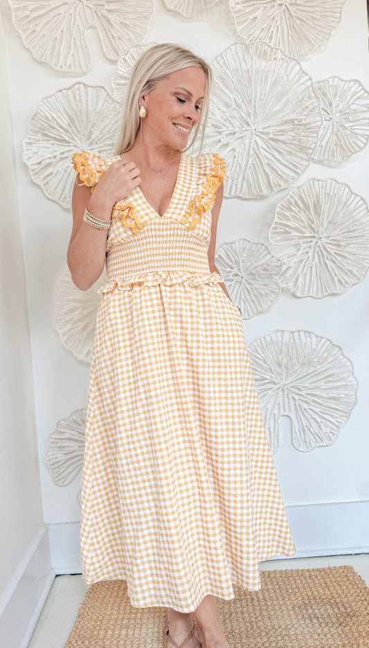 Yellow Gingham VNeck Maxi