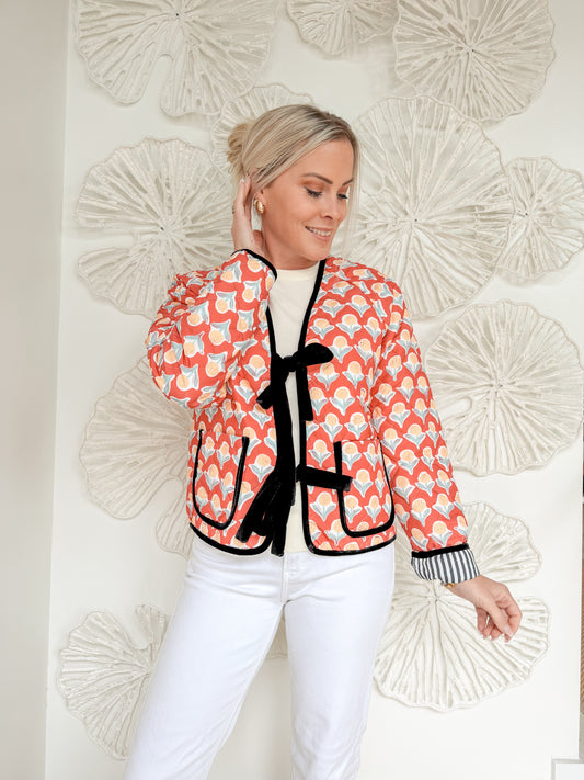 Orange Floral Print Quilted Jacket