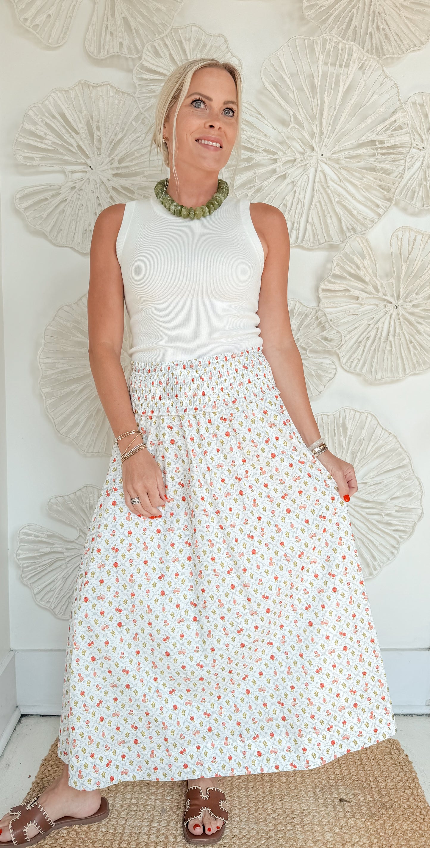 Coral/Green Floral Printed Skirt