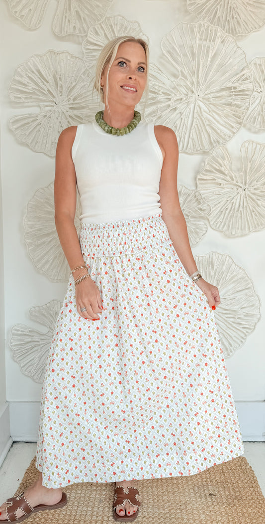Coral/Green Floral Printed Skirt