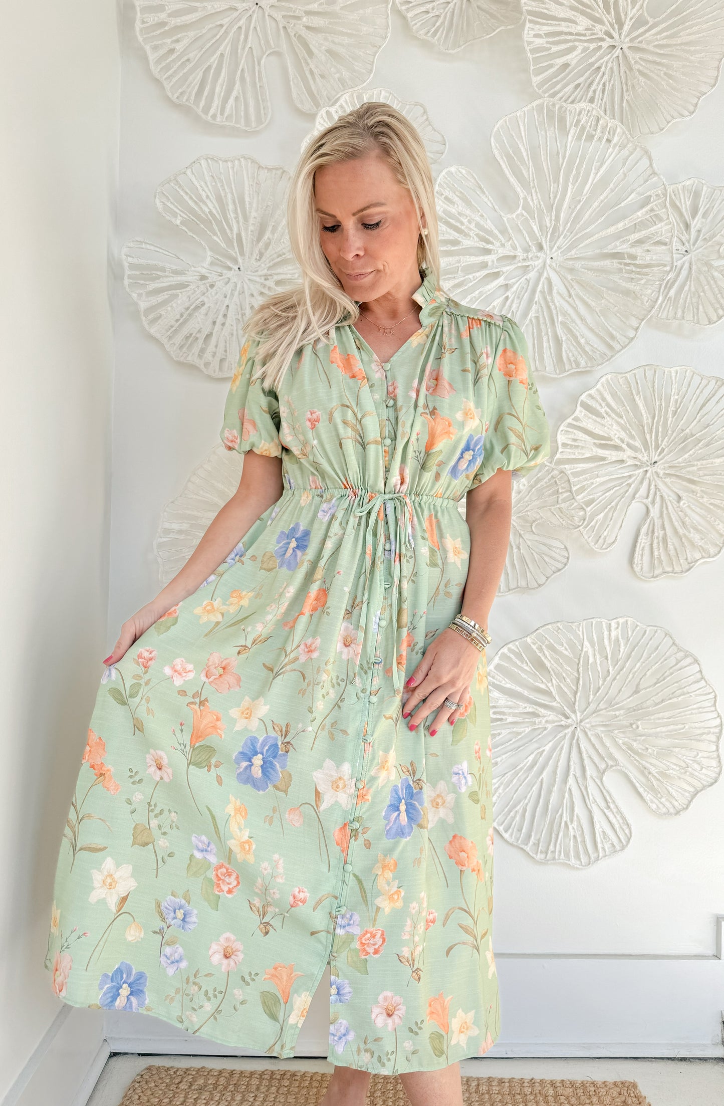 Mint Floral Waist Tie Midi