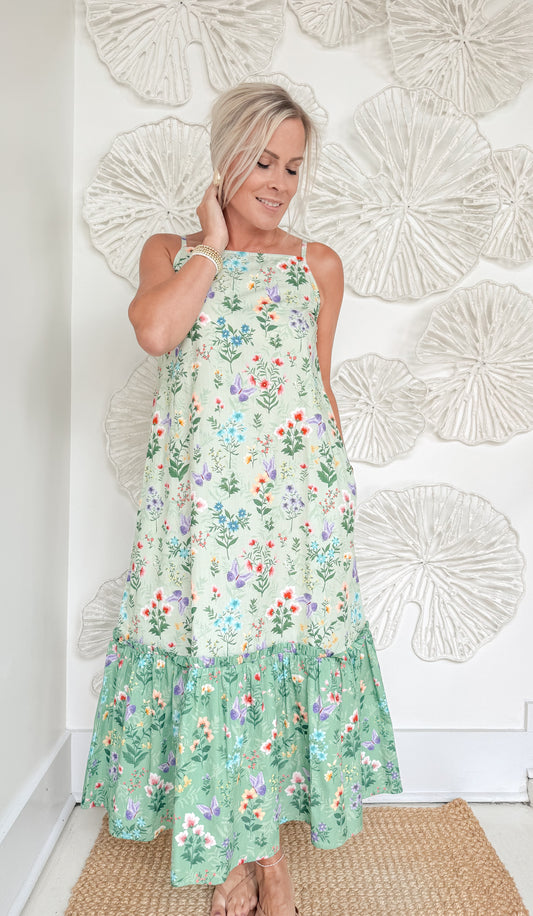 Green Botanical Strap Maxi