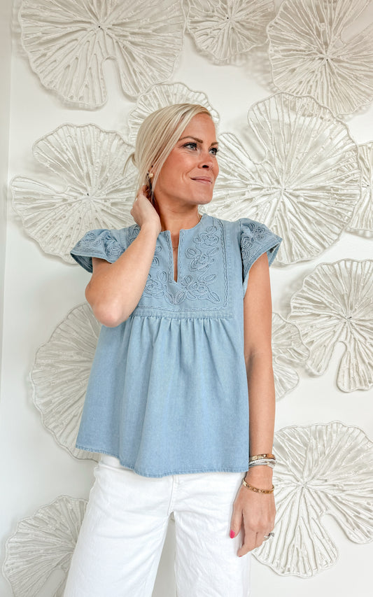 Denim Embroidered Blouse