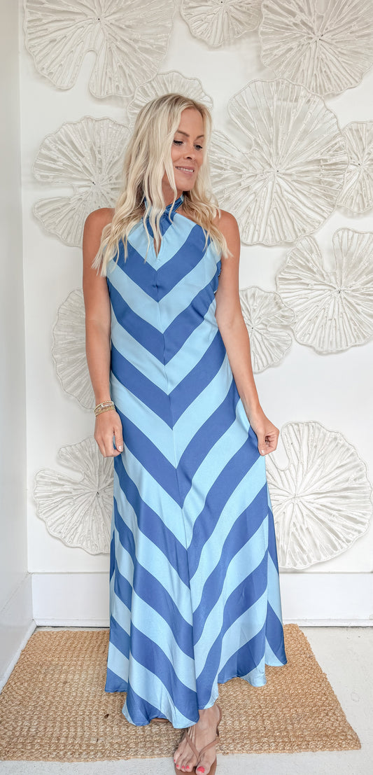 Blue Chevron Striped Halter Satin Maxi