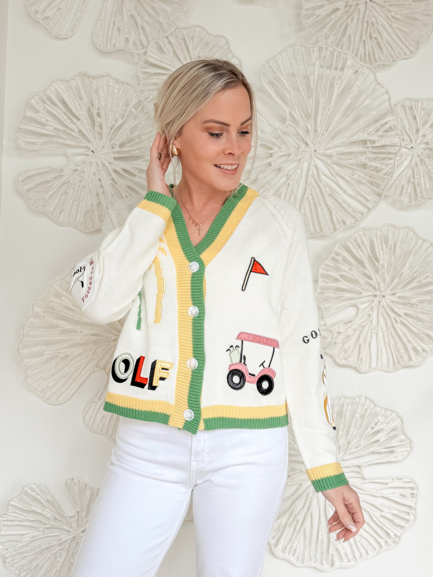 Cream/Yellow Embroidered Golf Cardigan
