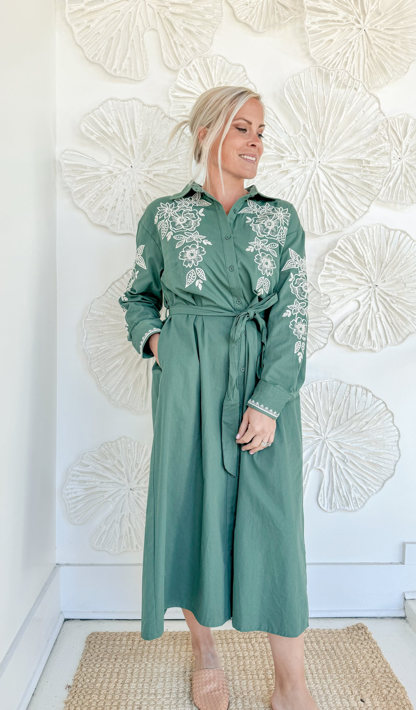 Green Embroidered Collared Maxi