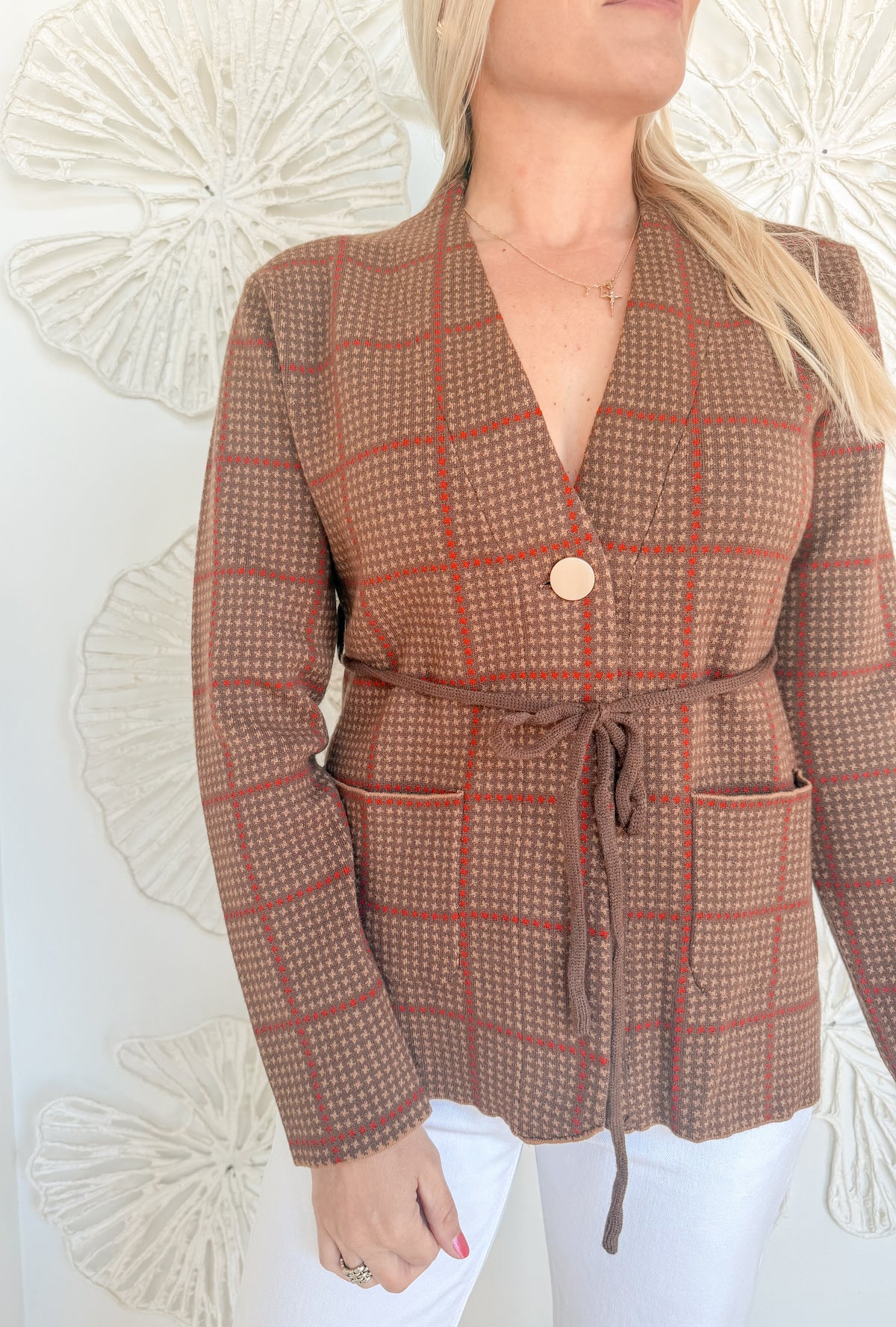 Walnut Red Plaid Belted Knit Blazer