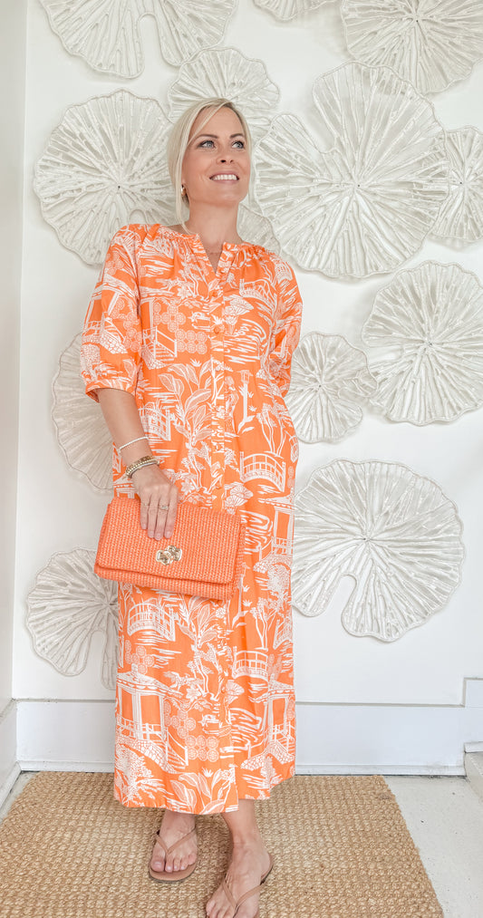 Orange Pagoda Printed Button Maxi