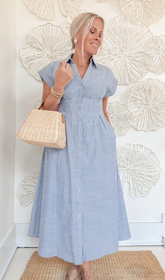 Blue Striped Pinch Pleat Maxi