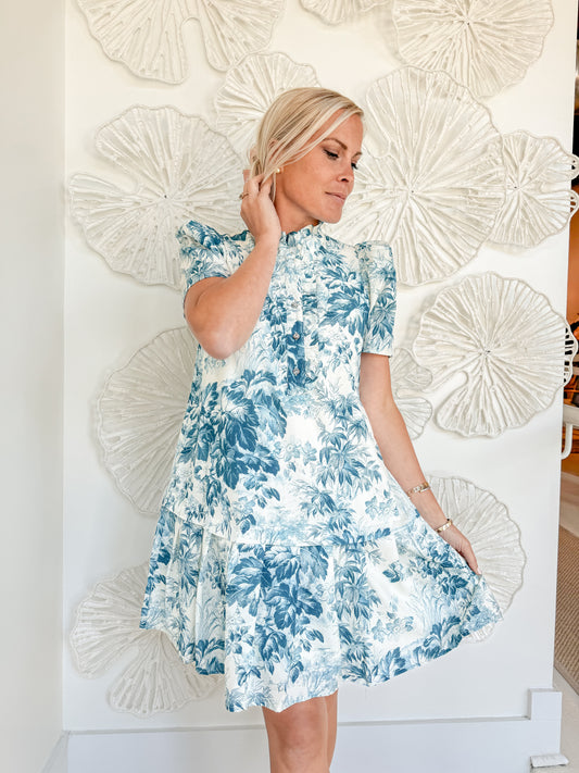 Blue Floral Print Ruffle Mini