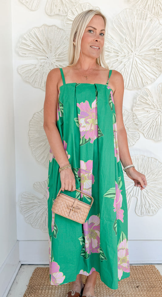 Green Floral Printed Strap Maxi
