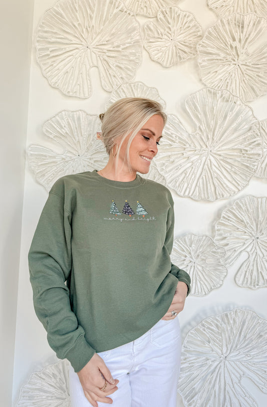 Green Christmas Tree Embroidered Crewneck Sweatshirt