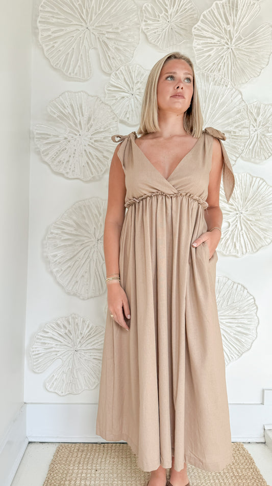 Mocha Linen Shoulder Tie Maxi