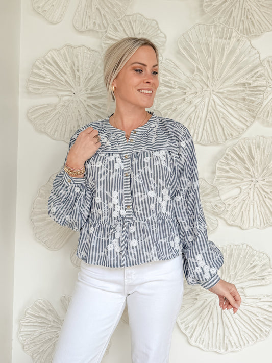 Blue Striped Floral Front Tie Blouse