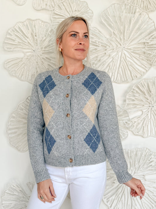 Grey Argyle Button Sweater