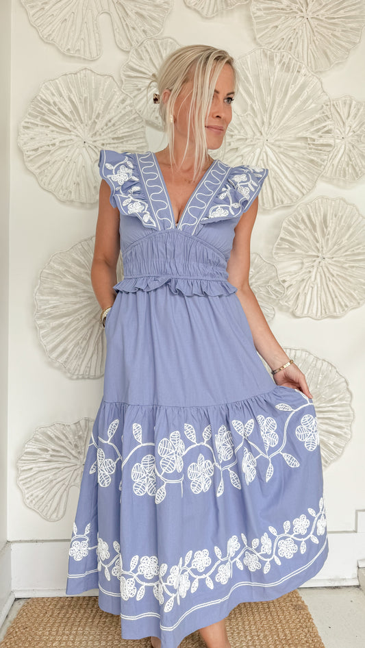 Peri Blue Embroidered Ruffle Maxi