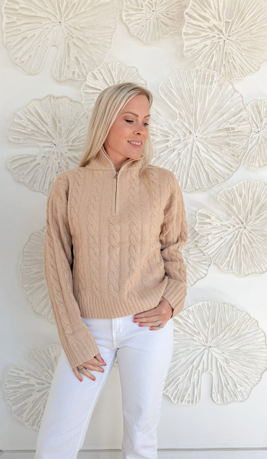 Beige Knit Quarter Zip Pullover