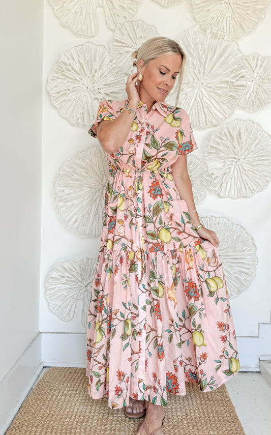 Pink Botanical Waist Tie Maxi