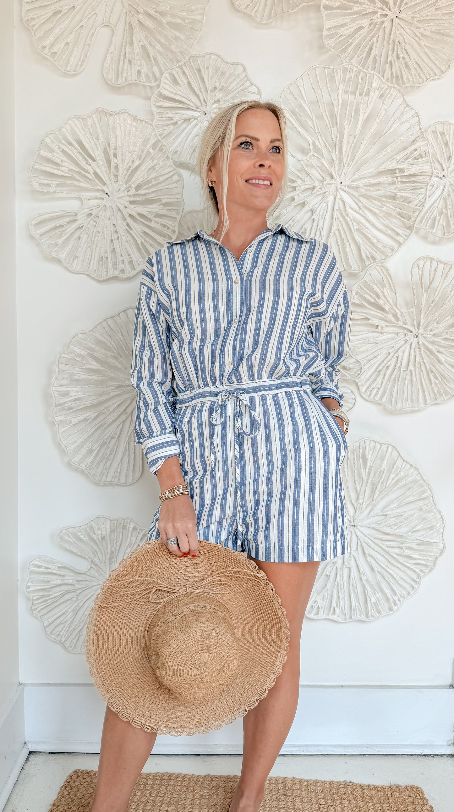 Blue Striped Collared Romper