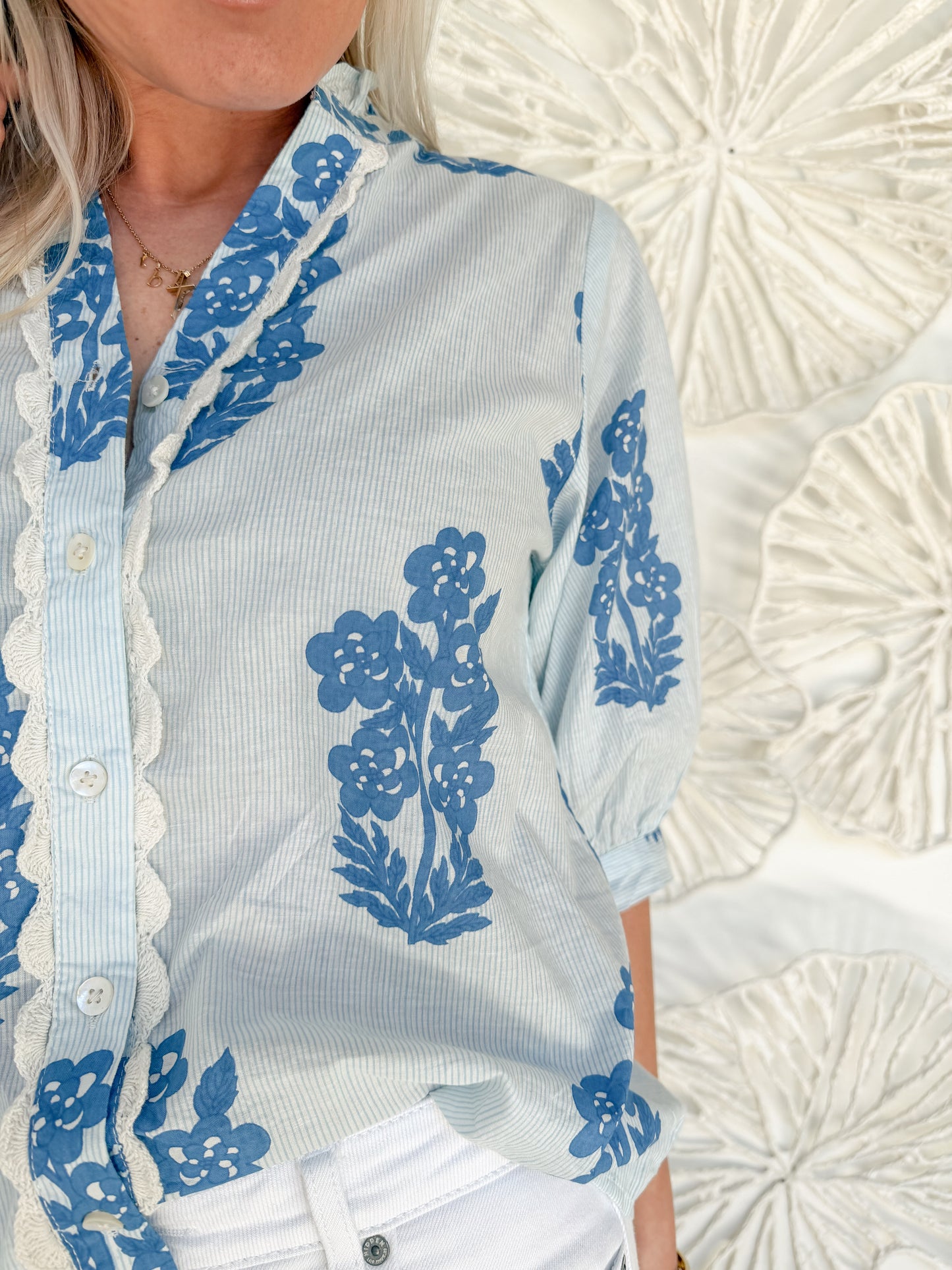 Blue Striped Floral Printed Blouse