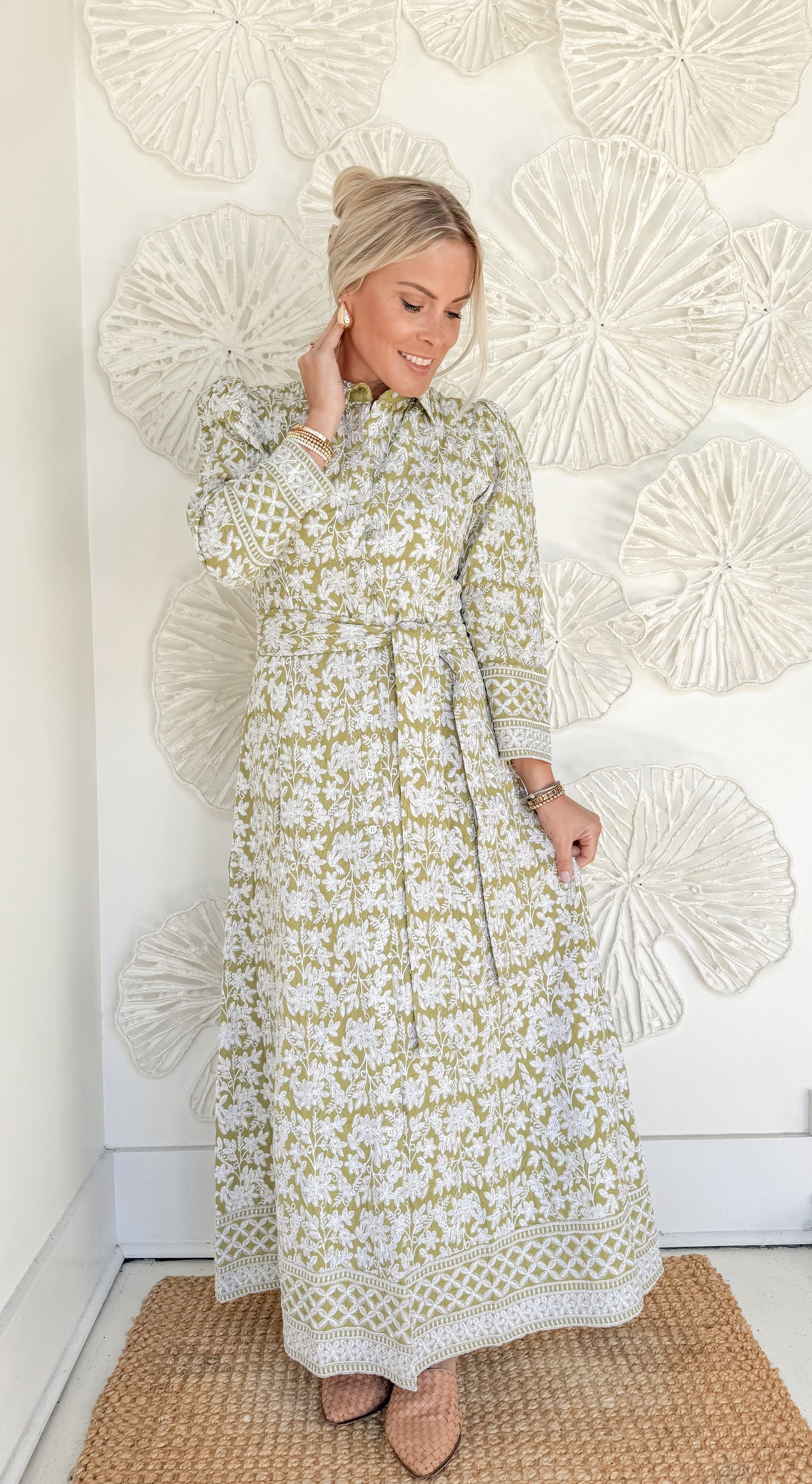 Green Hand Embroidered Maxi with Belt