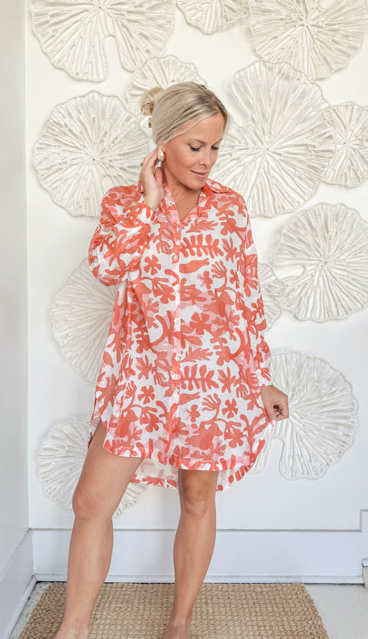 Coral Print Collared Mini