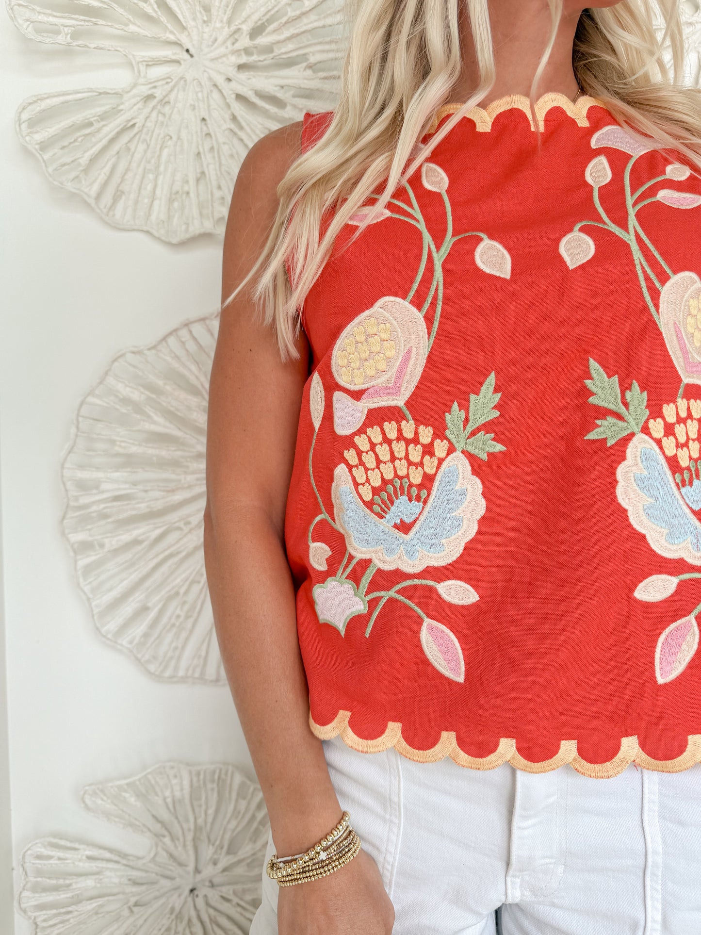 Coral/Yellow Floral Embroidered Blouse
