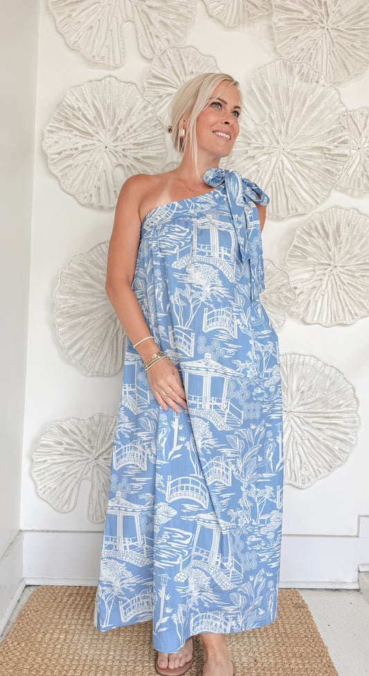 Blue Pagoda Print One Shoulder Maxi