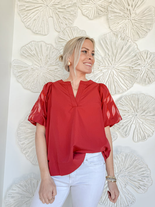 Red Embroidered Sleeve Blouse