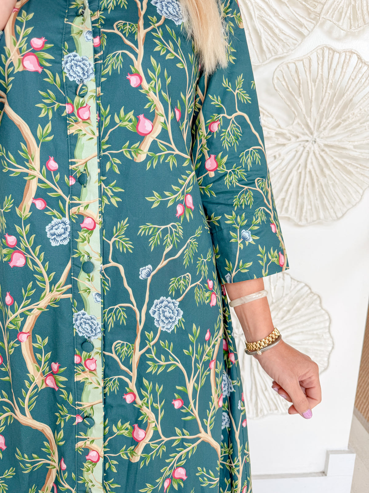 Green Branch Printed Collared Maxi