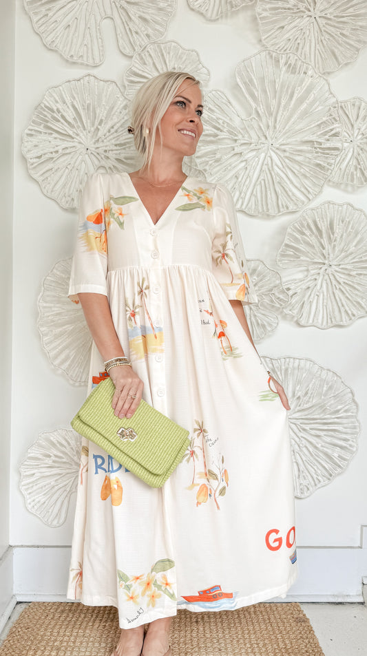 Yellow Tropical Print Button Dress