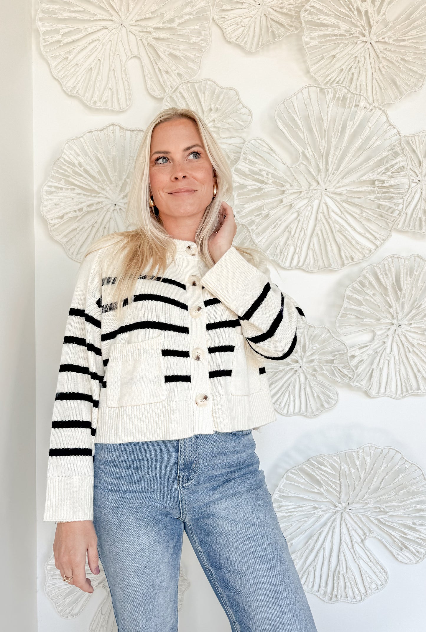 White/Navy Front Pocket Cardigan