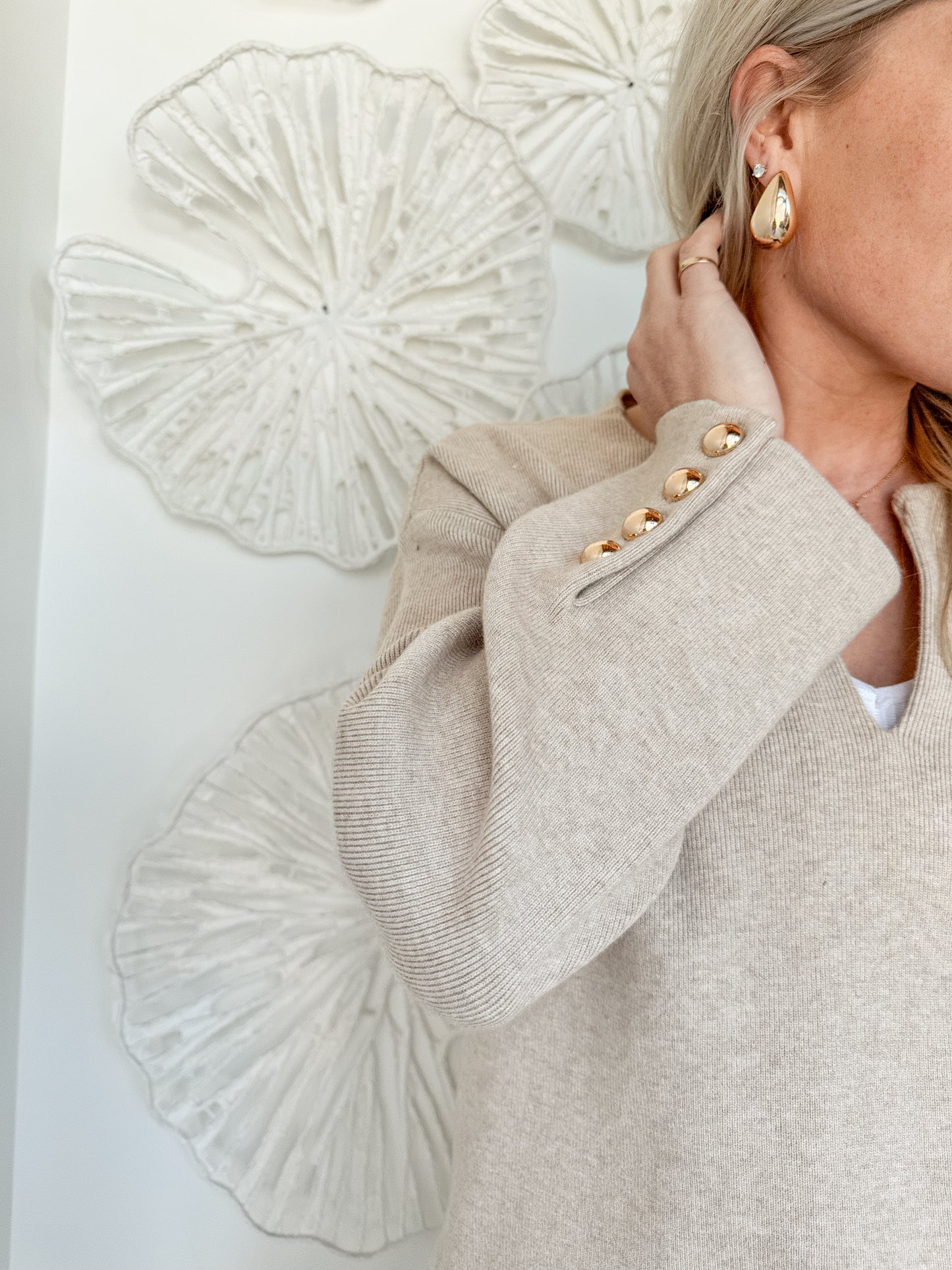 Beige Vneck Sweater with Gold Buttons