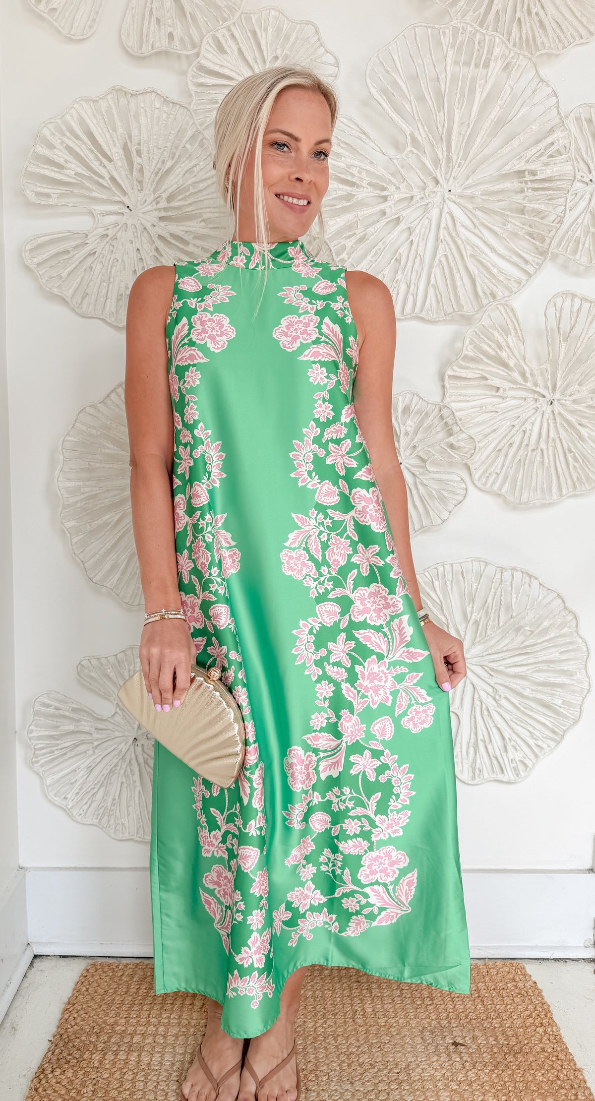 Green/Pink Floral Satin Maxi