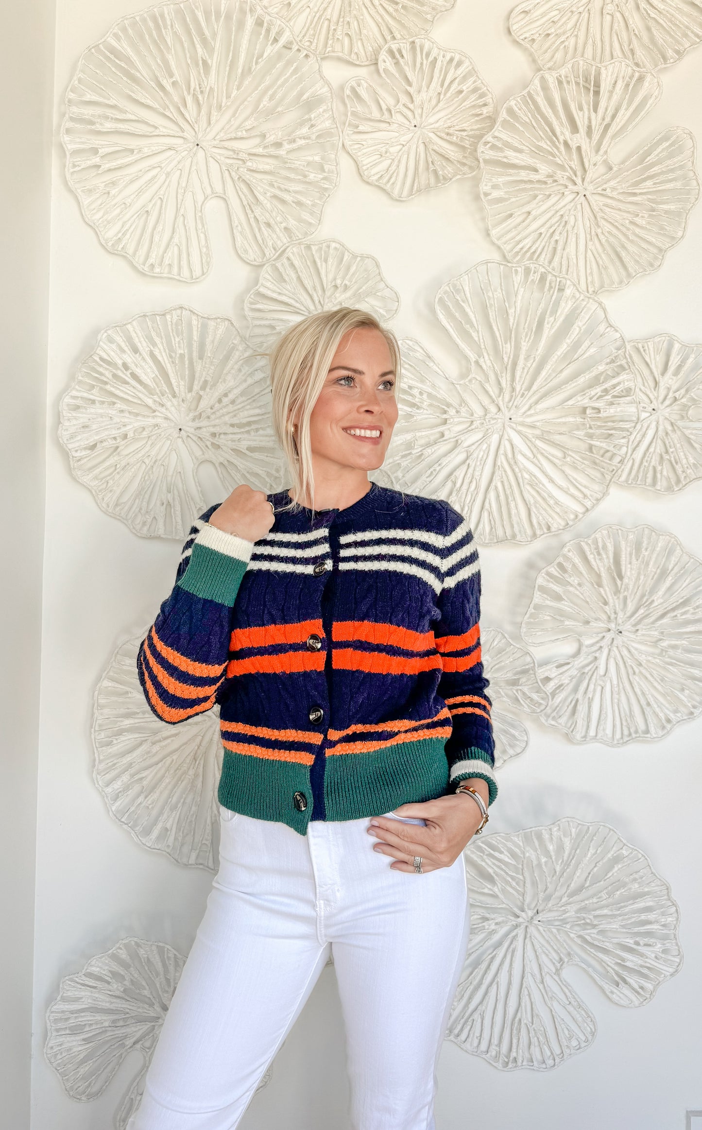 Navy Multicolor Striped Cable Cardigan