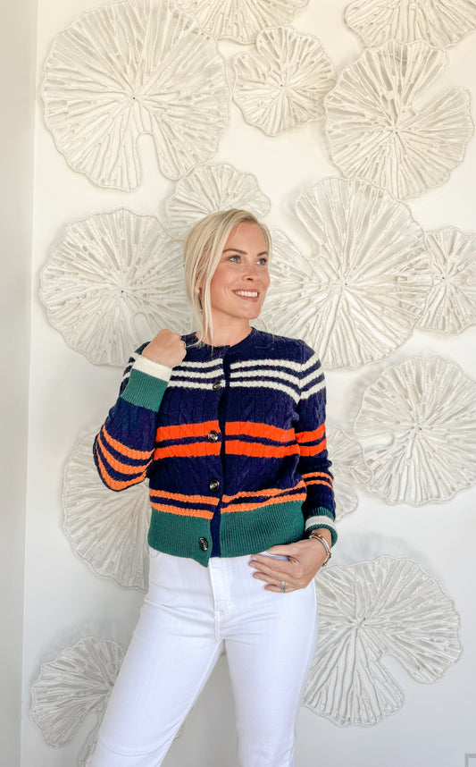 Navy Multicolor Striped Cable Cardigan