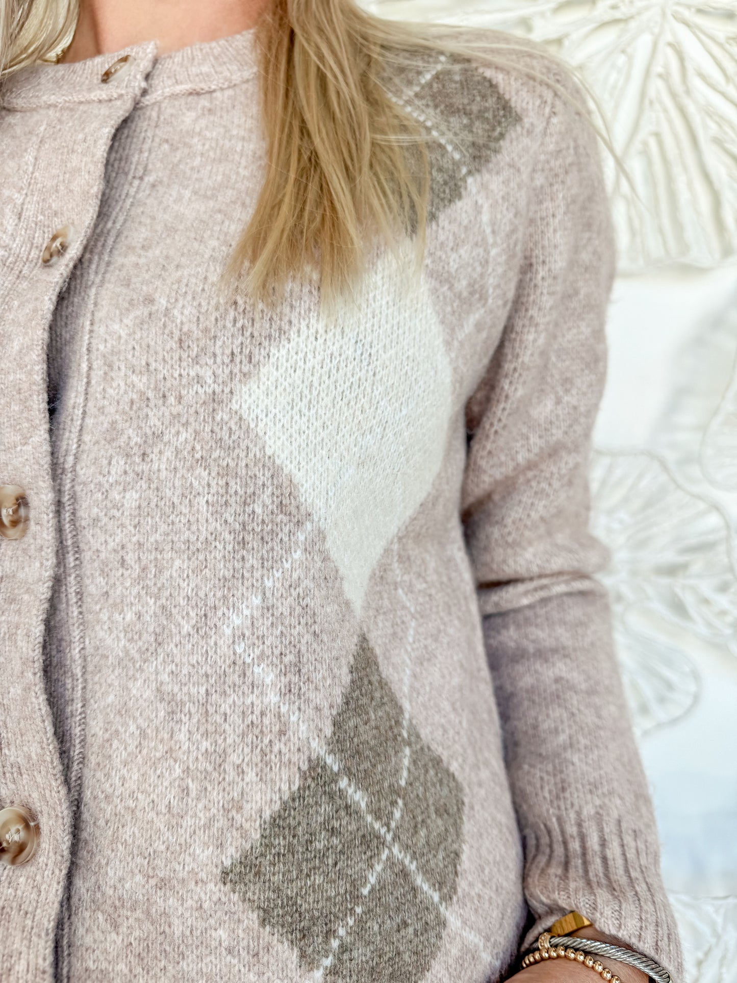 Blush Argyle Button Cardigan