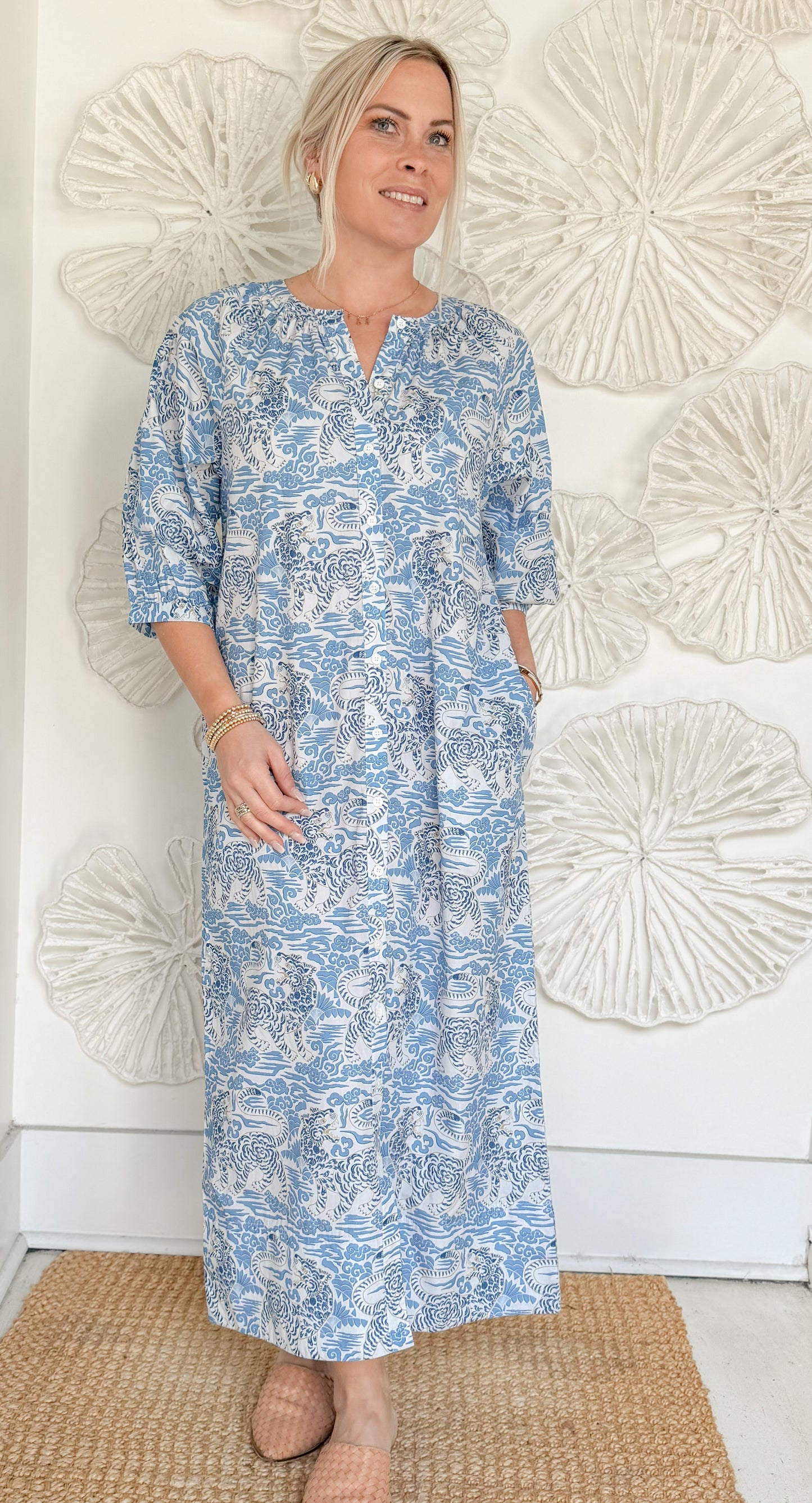 Blue Tiger Print Long Sleeve Maxi
