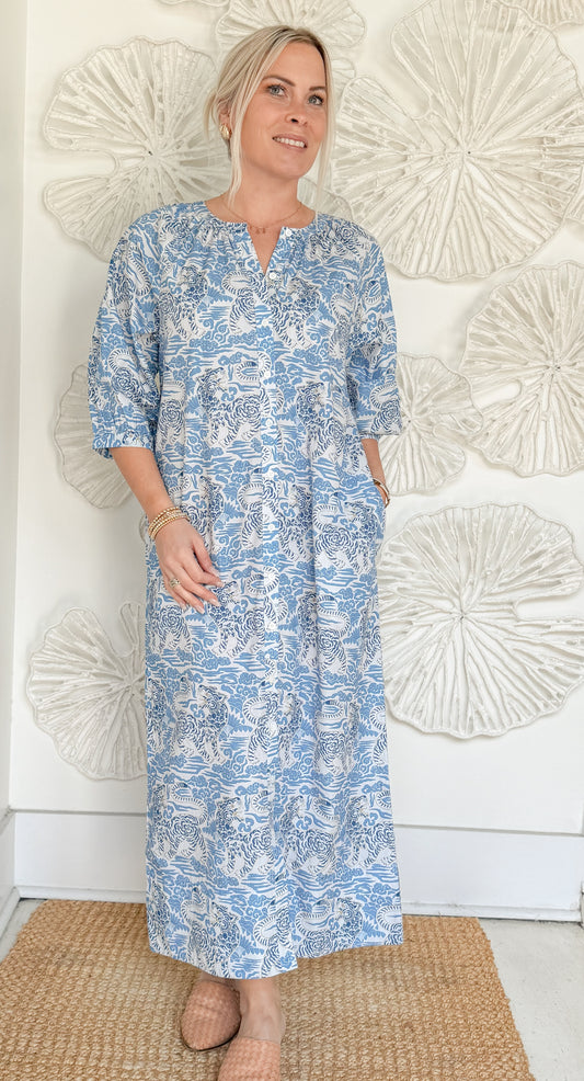 Blue Tiger Print Long Sleeve Maxi