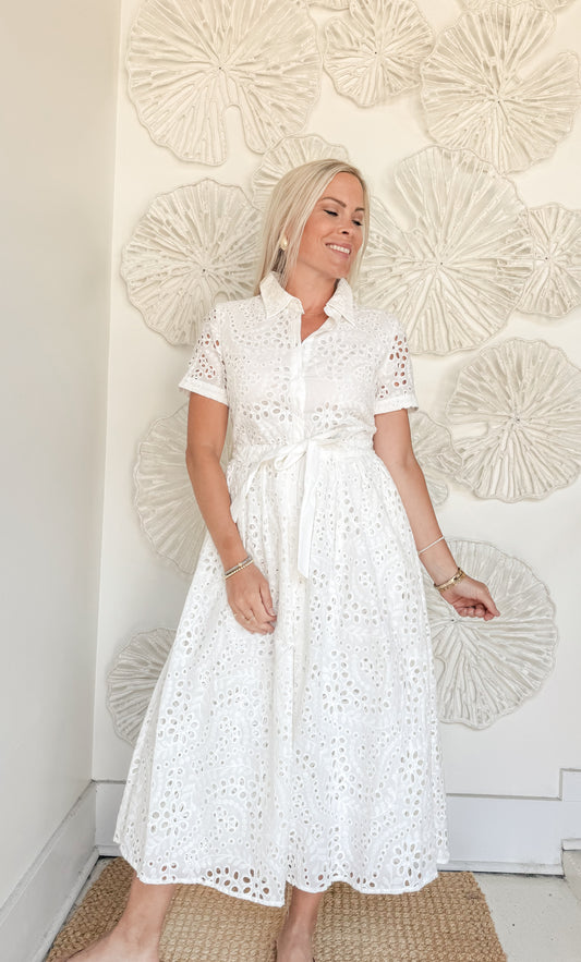 White Eyelet Skirt Midi Dress