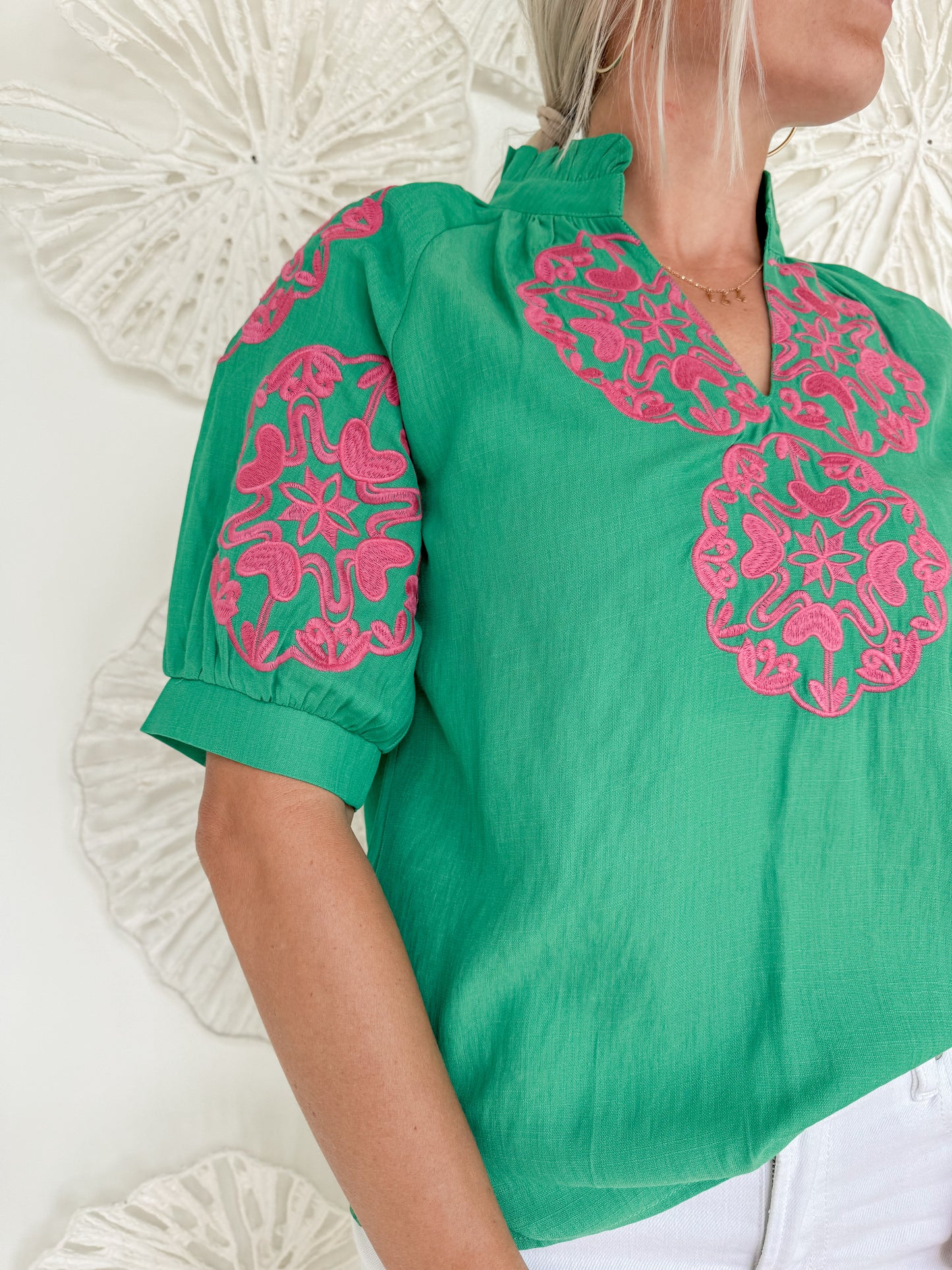 Green/Pink Embroidered Blouse