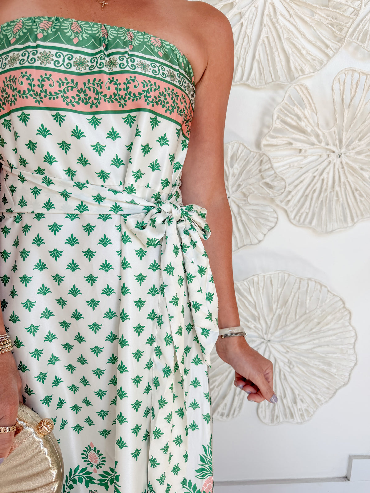 Pink/Green Strapless Silk Maxi