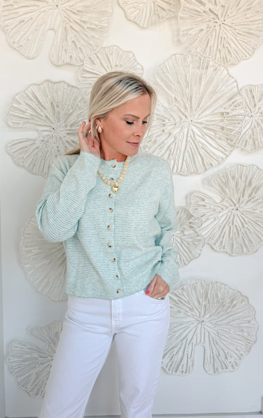 Mint Striped Button Sweater