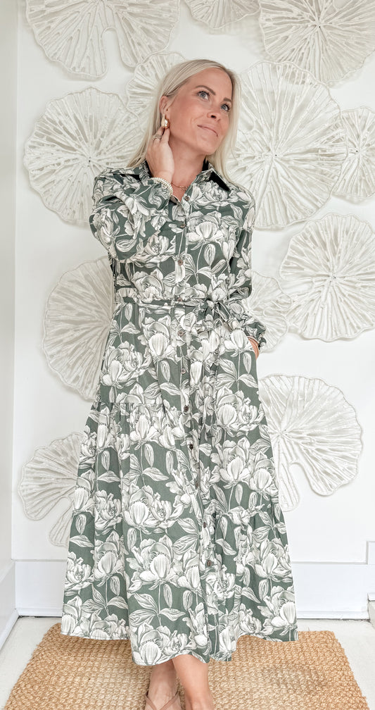 Olive Floral Print Silk Maxi