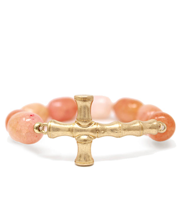 Gold Bamboo Cross & Stone Bracelet