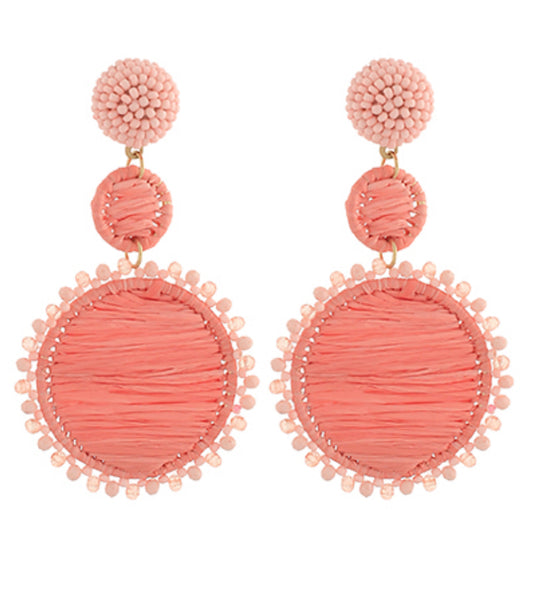 Round Raffia/Beaded Drop Earrings