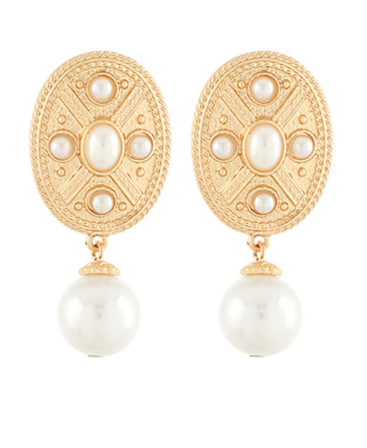 Oval Stone & Pearl Dangle Earrings