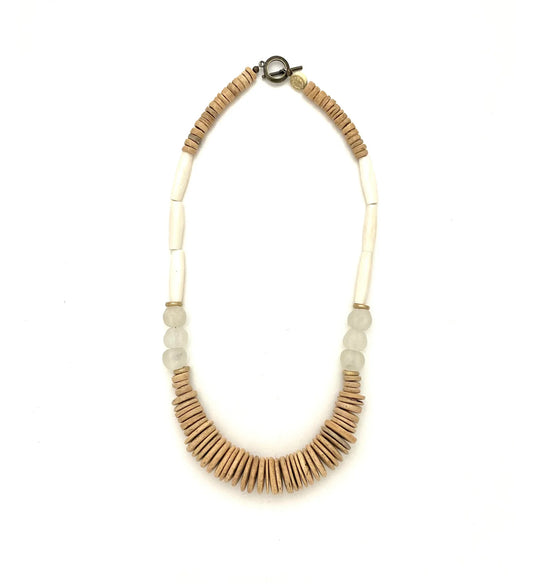 Wood Bead & White Bone Bead Necklace