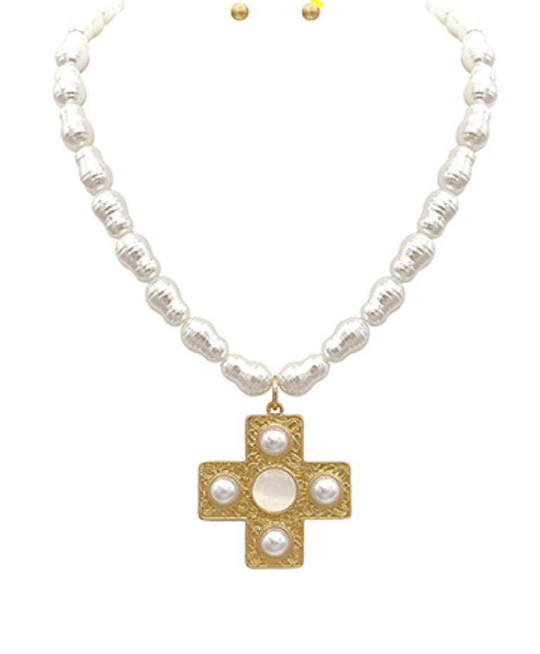 Gold Cross Short Pearl Necklace