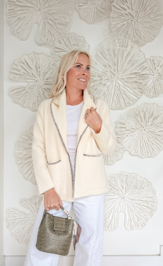 Cream Black Trim Cozy Cardigan